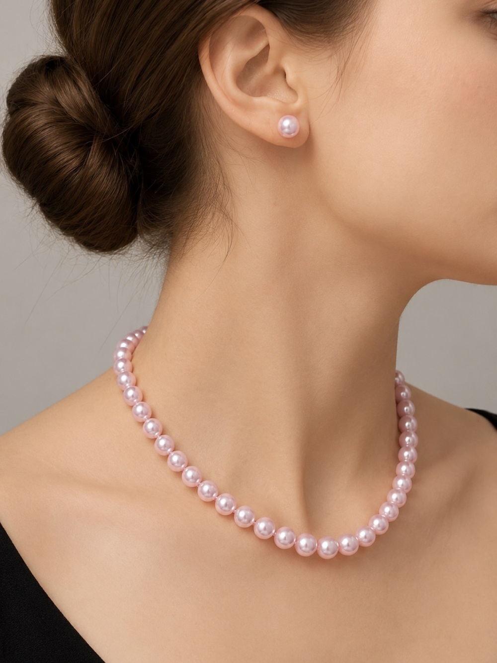 Pink Pearl Necklace And Earring Set 16-18” AAA Faux Pearl Necklace + 10MM Studs - Picture 2 of 3